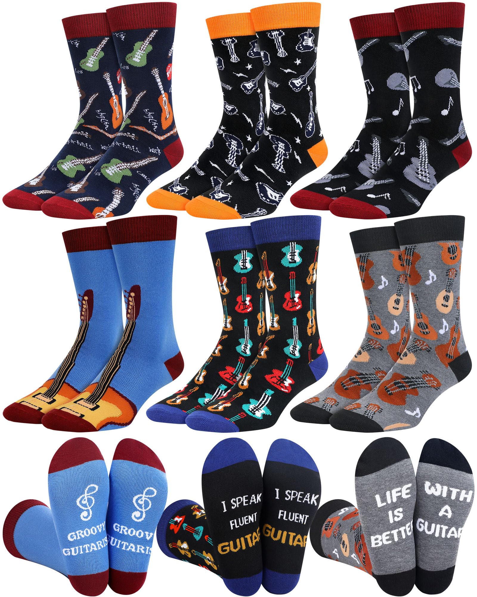 Haysandy6 Pairs Men Music Socks Guitar Casual Dress Socks Instruments Crew Foot Cover for Music Lover Holiday Gift