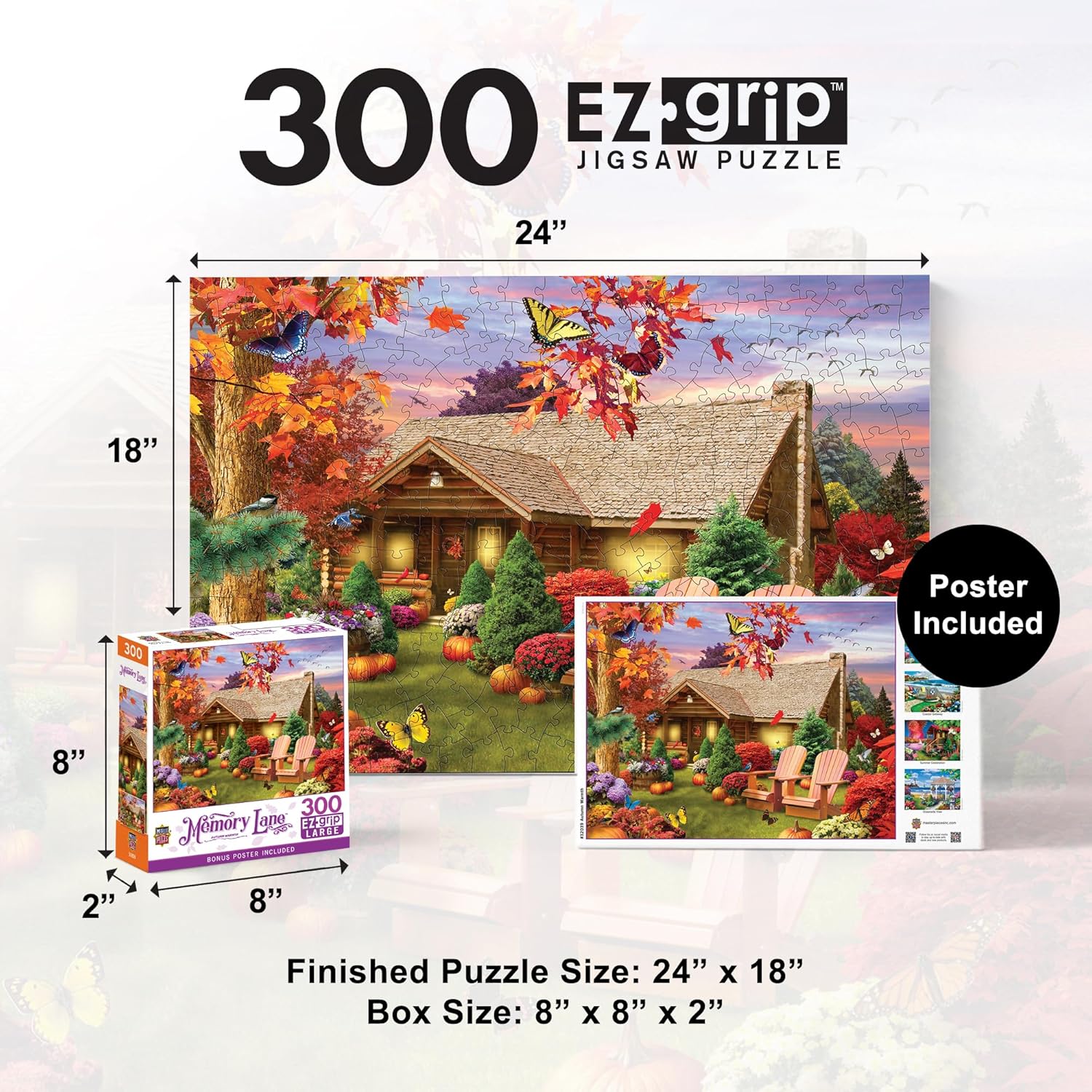 MasterPieces Thanksgiving Puzzles 300 Piece EZ Grip Jigsaw – Autumn Warmth Fall Scene – Large Piece Puzzle for Adults, Seniors, and Kids – Cozy Autumn Art, Eco-Friendly, 18" x 24"