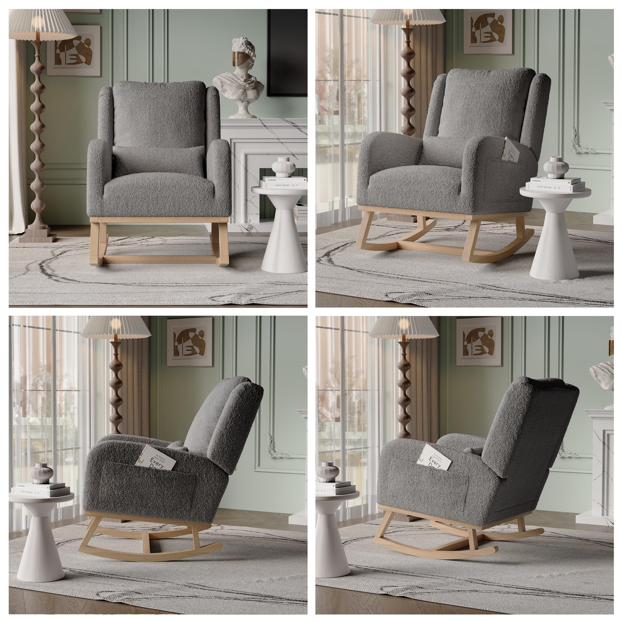 Fauteuil d'allaitement, Fauteuil a Bascule avec Dossier Haut, Coussin Lombaire et Poche Latérale, Chaise Allaitement Chambre Bebe Rocking Chair Bois Interieur pour Salon, Coucher, Tissu en Velours