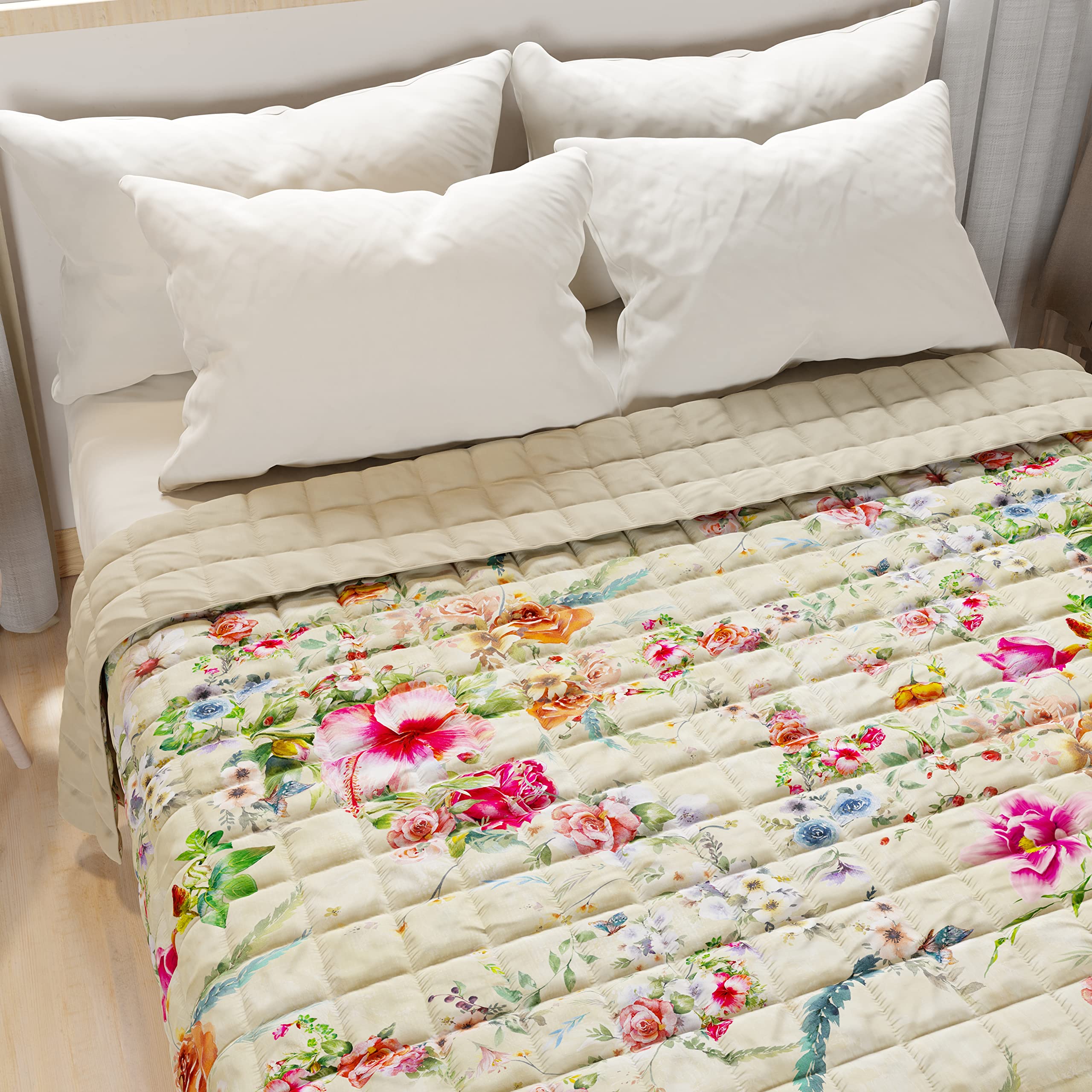 Colcha Boutique Italiana 270x260 Cm - Microfibra Reversible (floral/liso) - Primavera/verano