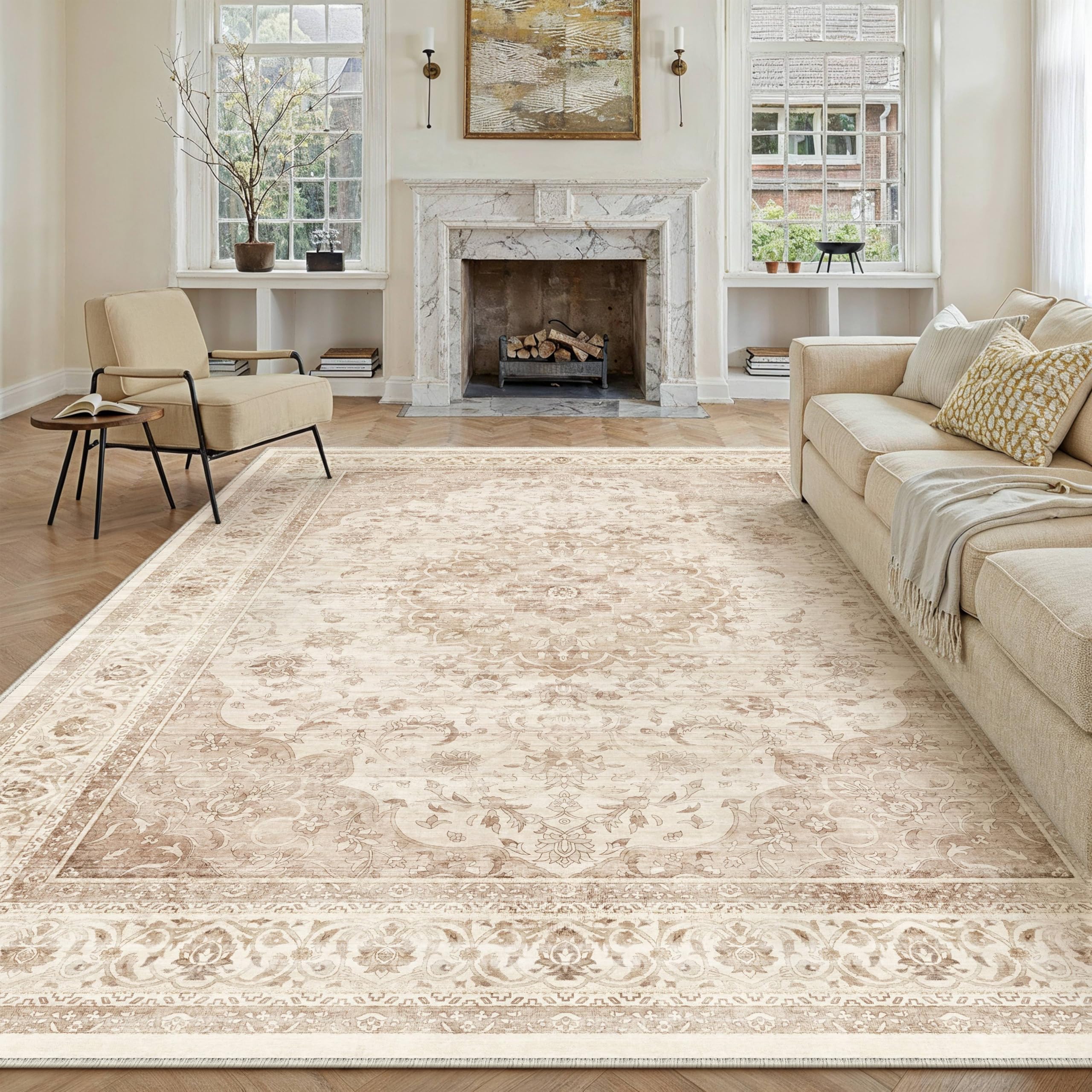 Tapis salon lavable et antidérapant grand format vintage beige