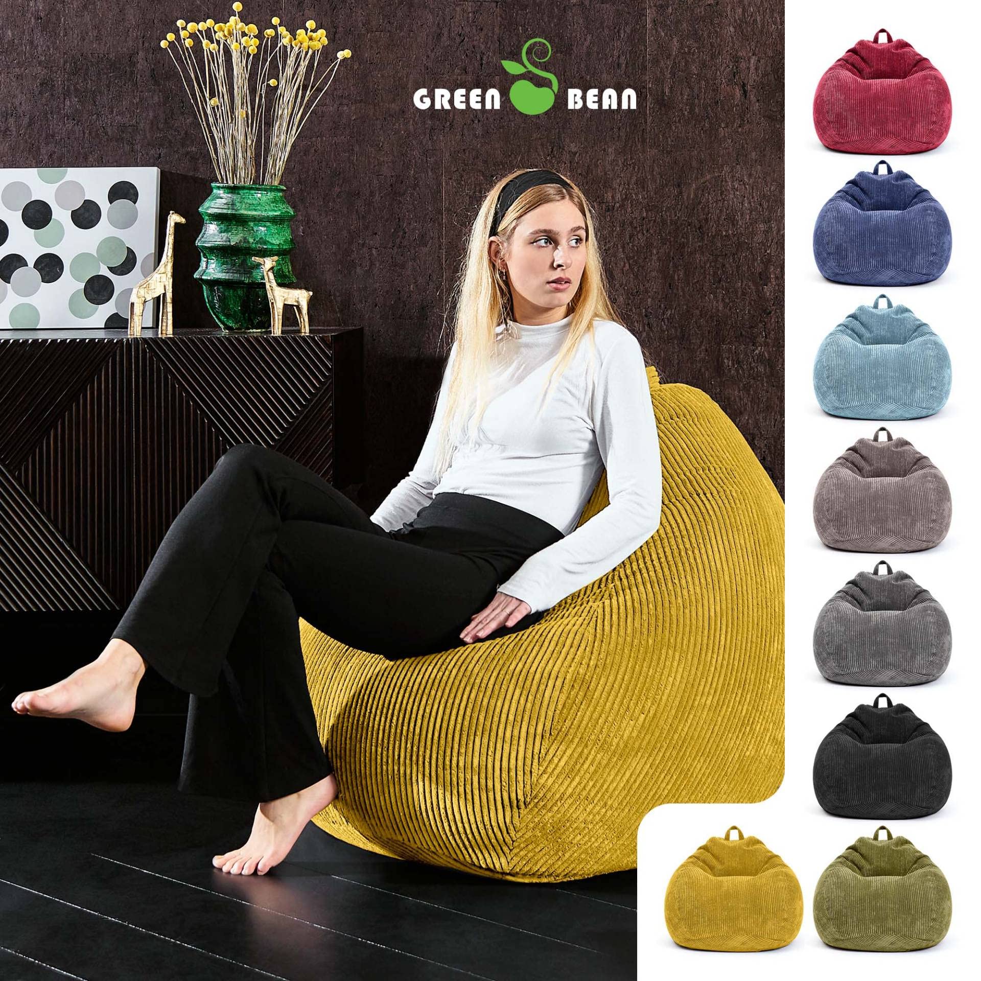 Green Bean Poltrona A Sacco XL 90x110cm In Velluto A Coste Nero - Con Imbottitura EPS E Rivestimento Lavabile, Per Relax E Lounge
