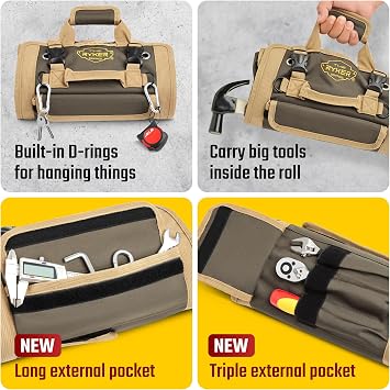 The Ryker Bag PRO Tool Roll Organizer - Motorcycle Tool Bag With 4 Detachable Pouches & Wrench Organizer for Mechanic - Small Car Portable Tool Bag - Gifts for Dad