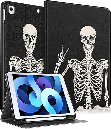 Funda para iPad de 987 generación de 10.2 pulgadas, funda inteligente con soporte para lápices, diseño de calavera de esqueleto, divertida,