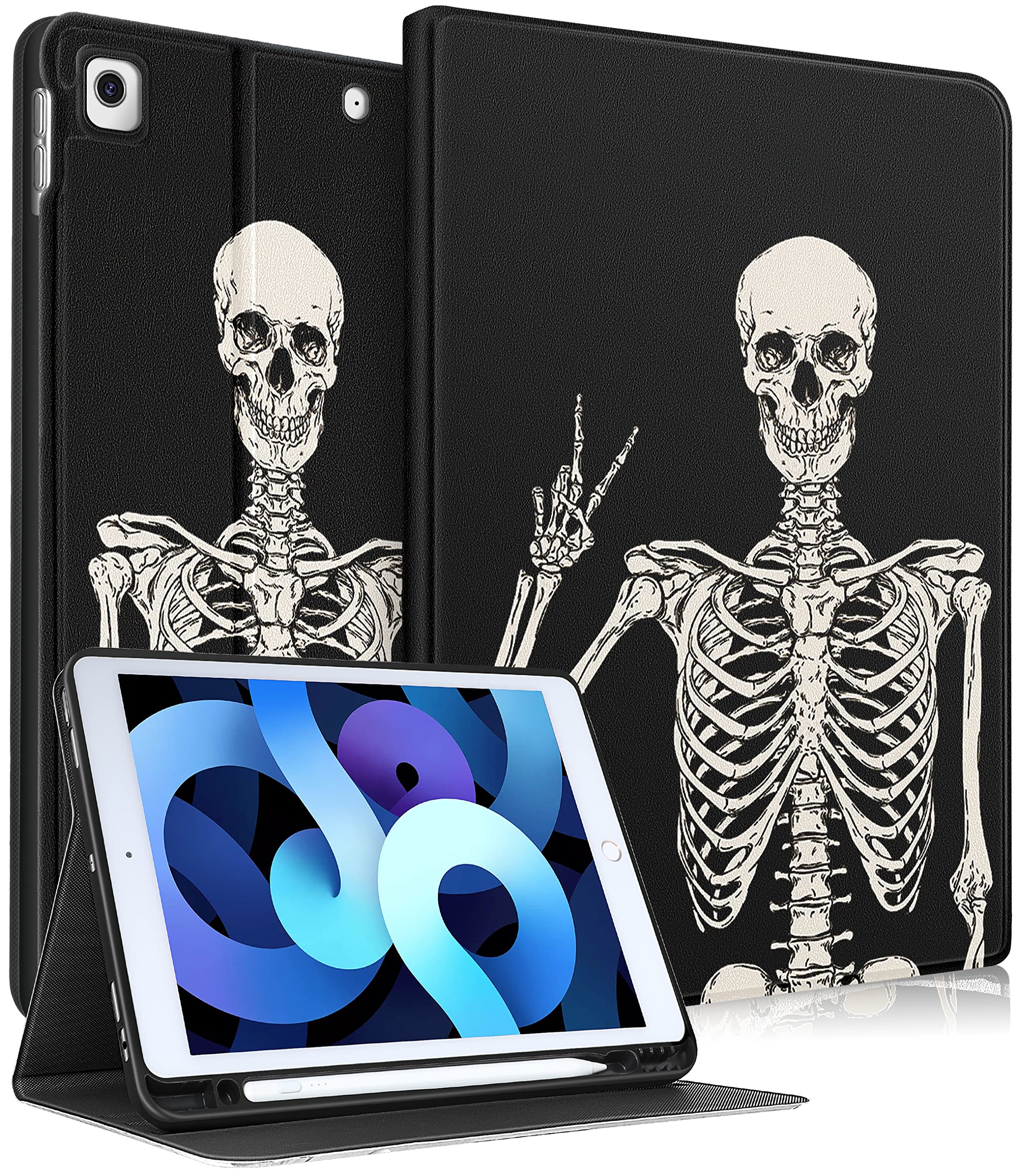 Uppuppyfor iPad 9th/8th/7th Generation Case 10.2 Inch Cute Boys Women Folio Smart Cover with Pencil Holder Skeleten Skull Cool Design Funny Fun Teen Unique Cases for iPad 7/8/9 Gen A2602 A2270 A2197