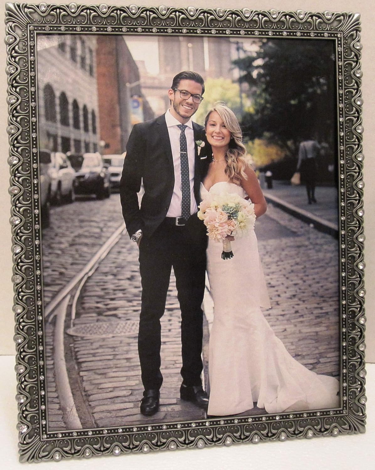 EXP 8x10 Wedding Picture Pewter Ornate Jeweled Silver Photo Frame 8 x 10m Table Top