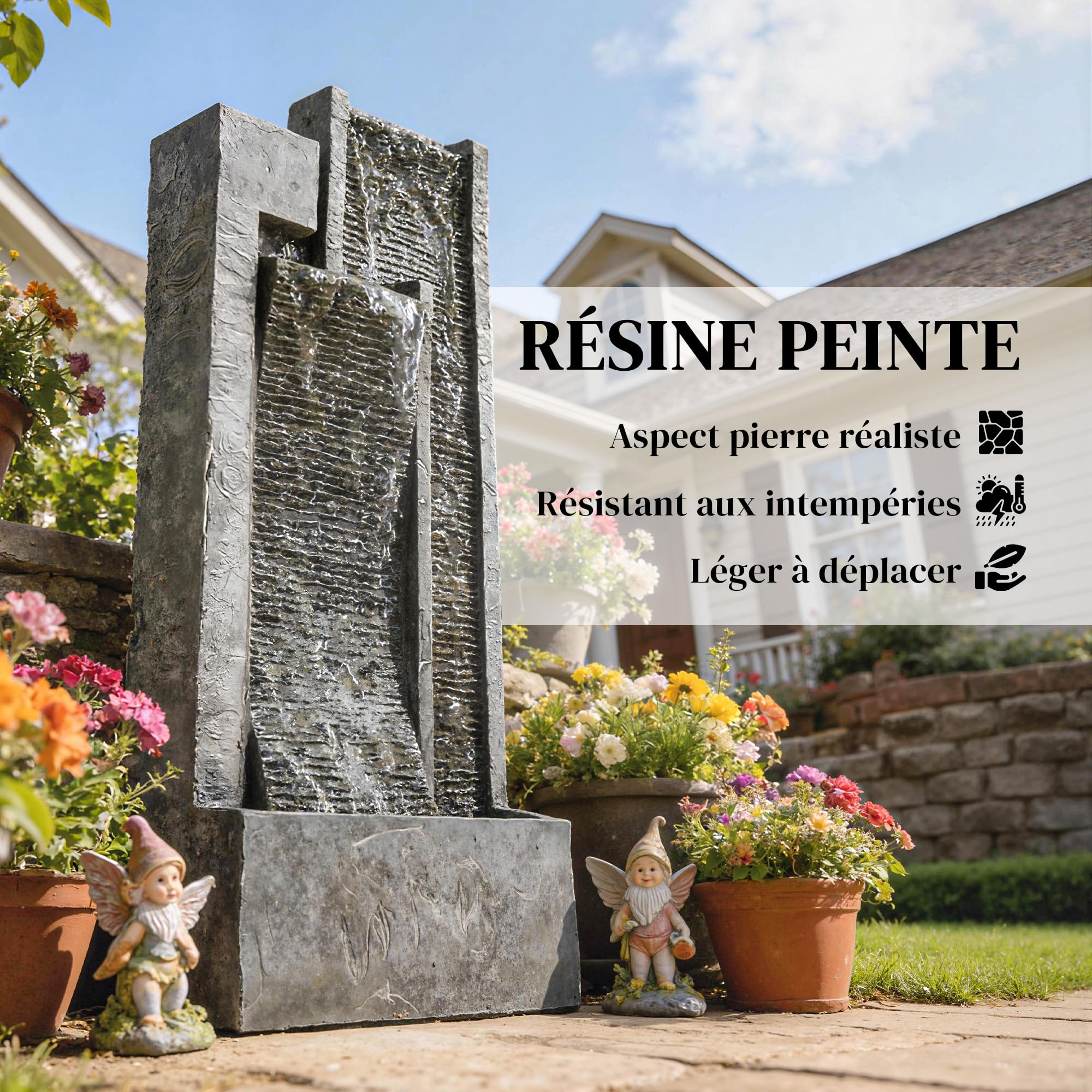 Outsunny Fontaine de Jardin extérieure Cascade 3 Niveaux - Fontaine Eau avec jardinière et Mur d'eau Moderne - 101 cm Grande décoration terrasse Zen Lumineuse 24 LED Gris