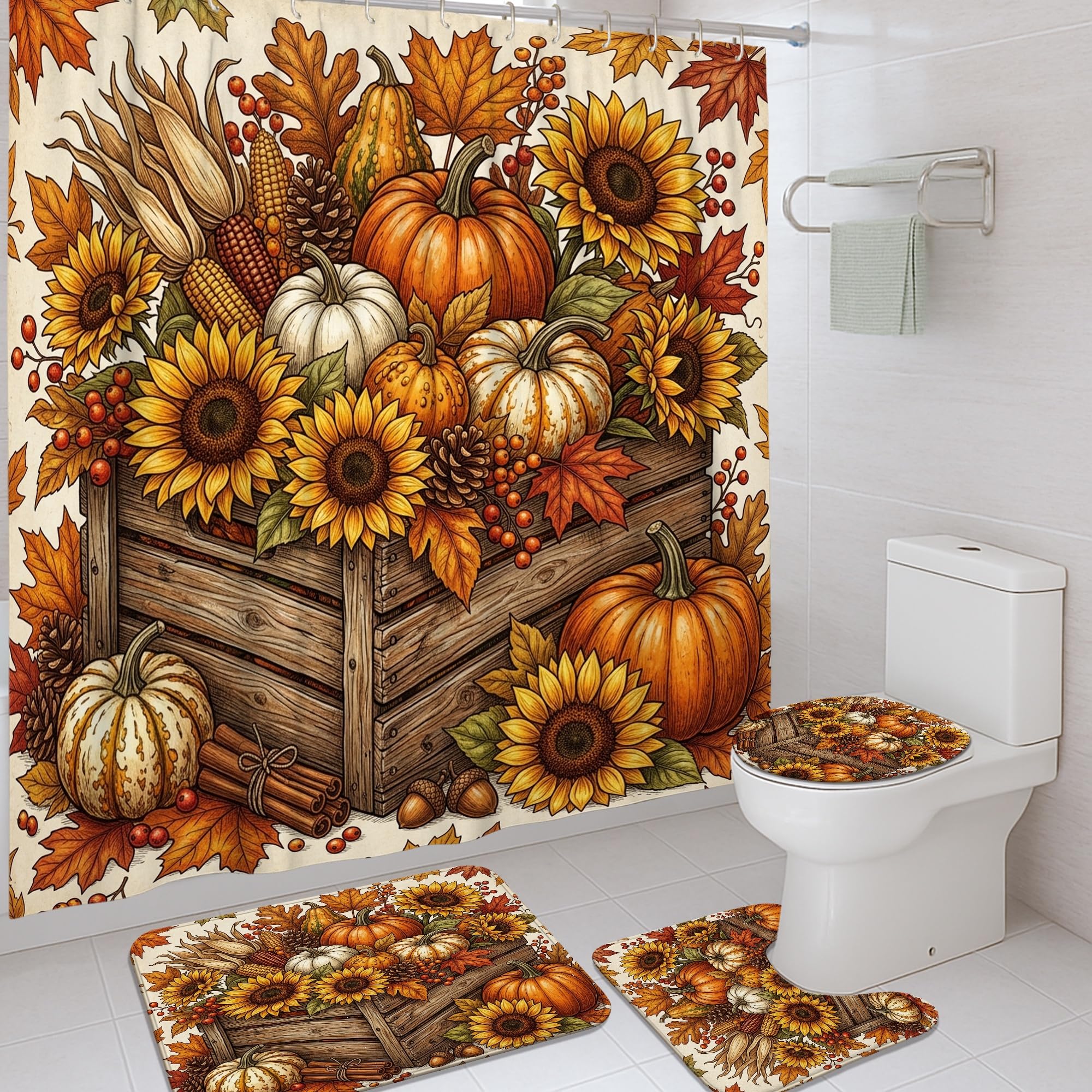 Rideau de douche imperméable anti-moisissure orange 183x183 cm motif citrouille en polyester