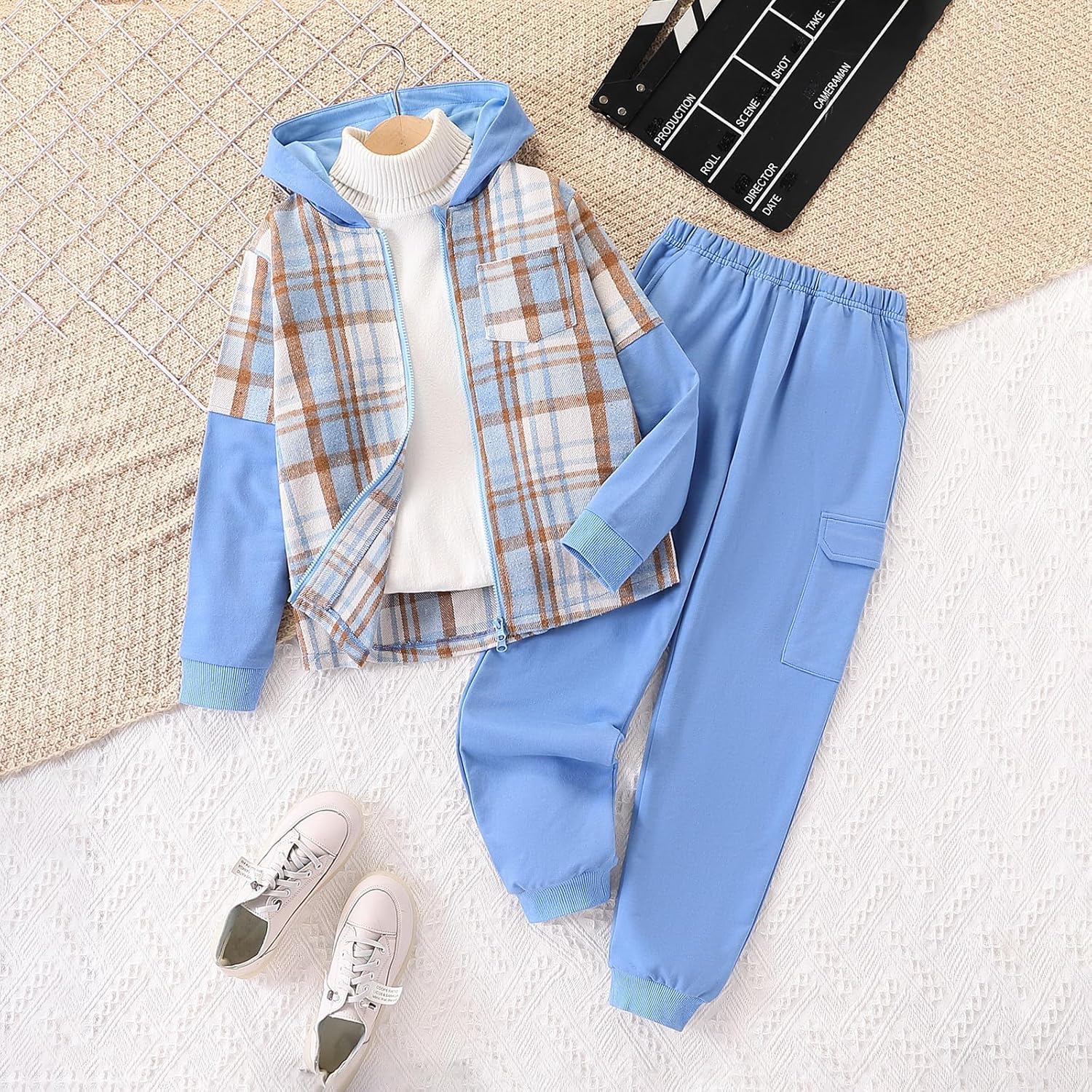 2Pcs Boys Clothes Zip Up Plaid Flannel Shirt Tops Pants Set Hoodie Sweatsuit for Fall Winter Spring Outfits - Image 7