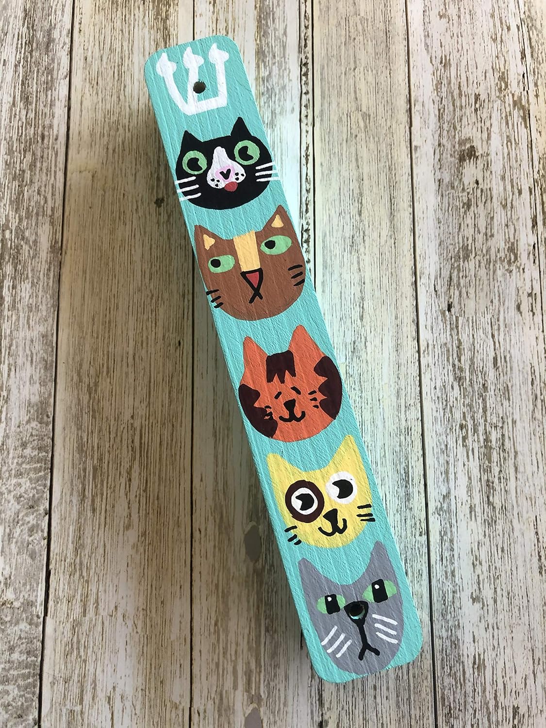 Cat Mezuzah, Children's Scroll Case, Hand Painted Wood, Door Blessing (Teal, No Scroll)
