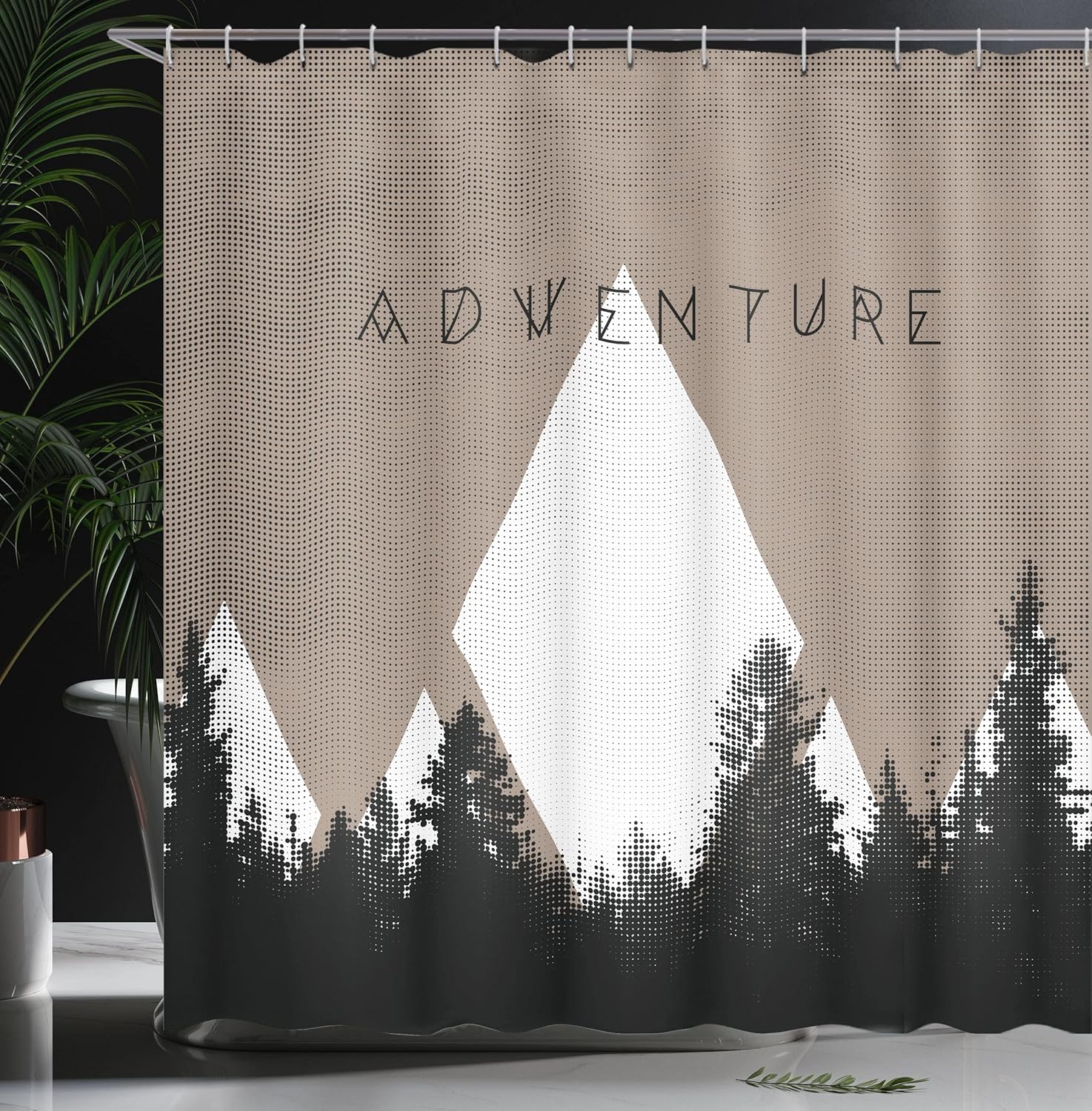 Ambesonne Adventure Shower Curtain, Forest Halftone Effect Hipster Typography Camping in Mountains, Cloth Fabric Bathroom Decor Set with Hooks, 69" W x 70" L, Soft Taupe