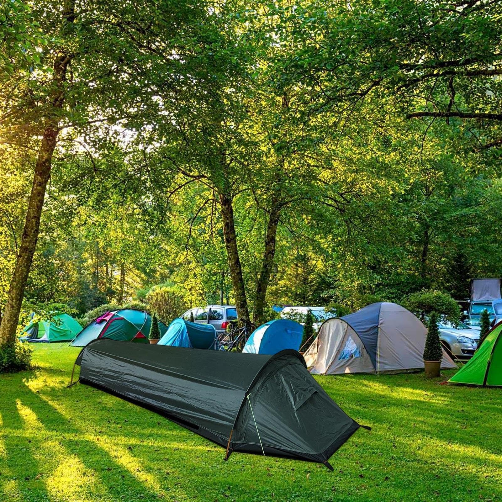 Tenda per sacco a pelo | Tenda da campeggio zaino per una | Sacco a pelo impermeabile Tenda da trekking | Tenda da Bivacco da campeggio per chiodi da pavimento, borsa per accessori | Attrezzatura impermeabile per la sopravvivenza all'aperto per viaggi in