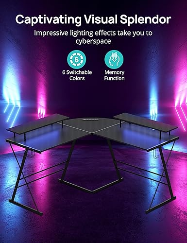 Miniatura 4 de Escritorio resistente para juegos y computadora con luces LED y portavasos - Escritorio ergonómico moderno de 53 pulgadas para juegos con espacio de