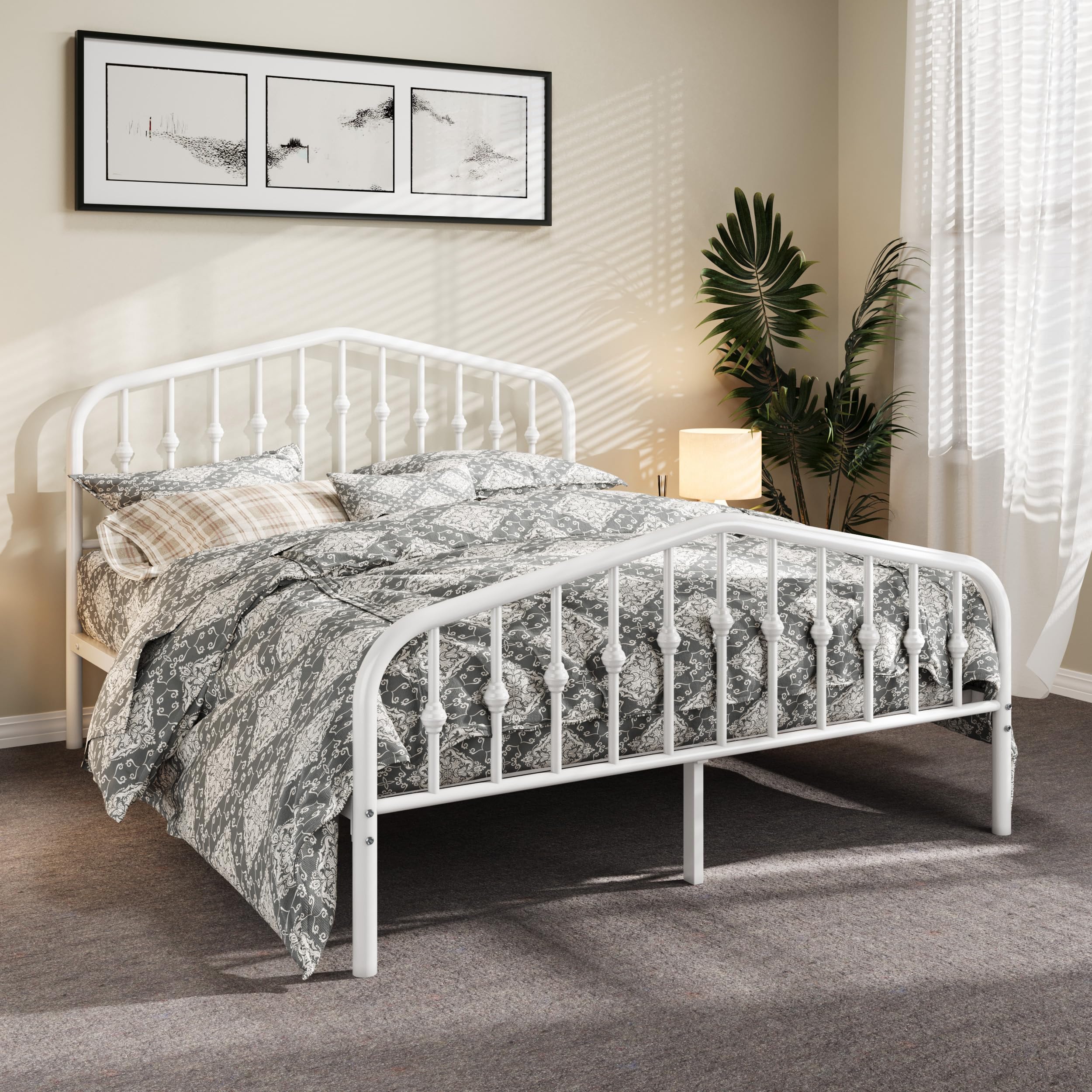 Allewie Queen Size Metal Platform Bed Frame, Vintage Style, White