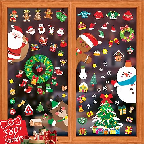 430+ Christmas Window Clings, Double Sided 40+ Designs Colorful Santa Claus & White Snowflakes Static Stickers Glass Window Decoration Reusable New