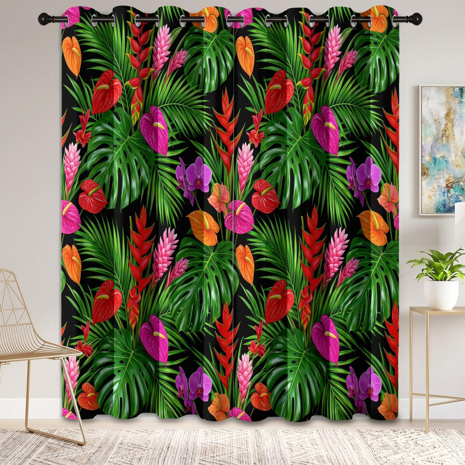 Grün Natürlich Tropischer Stil Vorhänge, Pflanzen Monstera Blumen Anthurien Orchideen Wärmeisolierte Raumverdunkelnde Vorhänge, Energieeffiziente Vorhang für Wohnzimmer Schlafzimmer, H245 x B100 cm