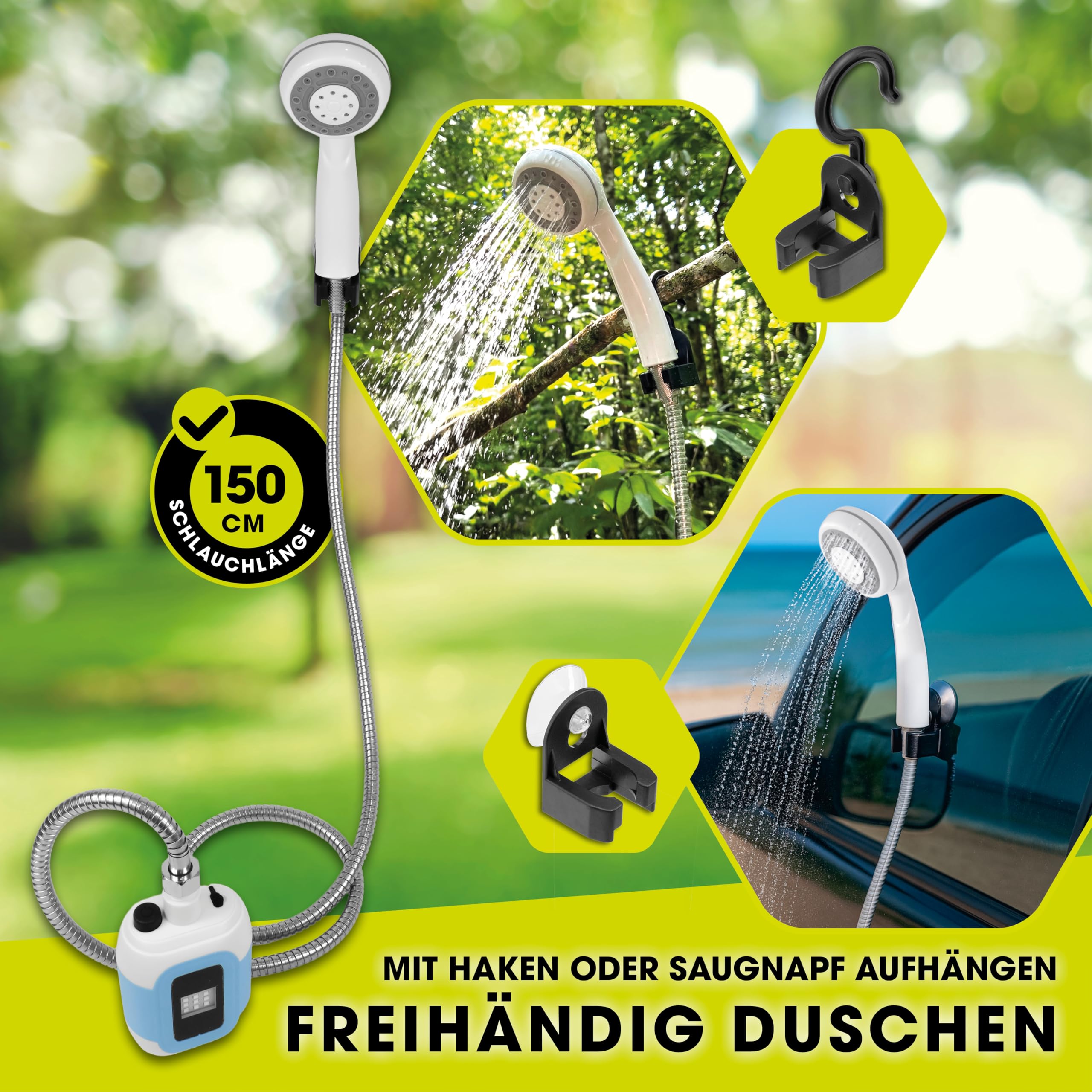 EASYmaxx Campingdusche mit Akku | 2in1: Mobile Outdoor Dusche und Bewässerungsbrause | Camping Dusche mit Pumpe inkl. Ansaugfunktion | kabellose und tragbare Dusche | elektrische Dusche mit LED-Licht