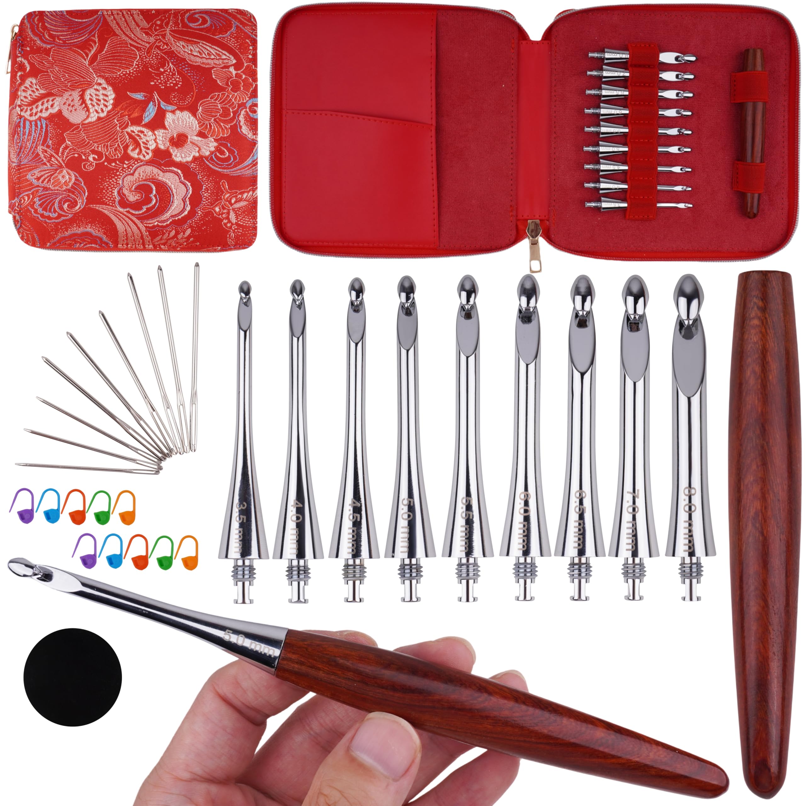 Austauschbares ergonomisches Häkelnadel-Set, Inline-Anfänger-Häkelnadel-Set, glatter Griff, Holzgriff mit rotem Etui für arthritische Hände, 9 Größen, 3,5 mm - 8 mm | Leichtes Häkelnadel-Set, glatter Metallhaken, Häkelnadeln für arthritische Hände, Anfäng