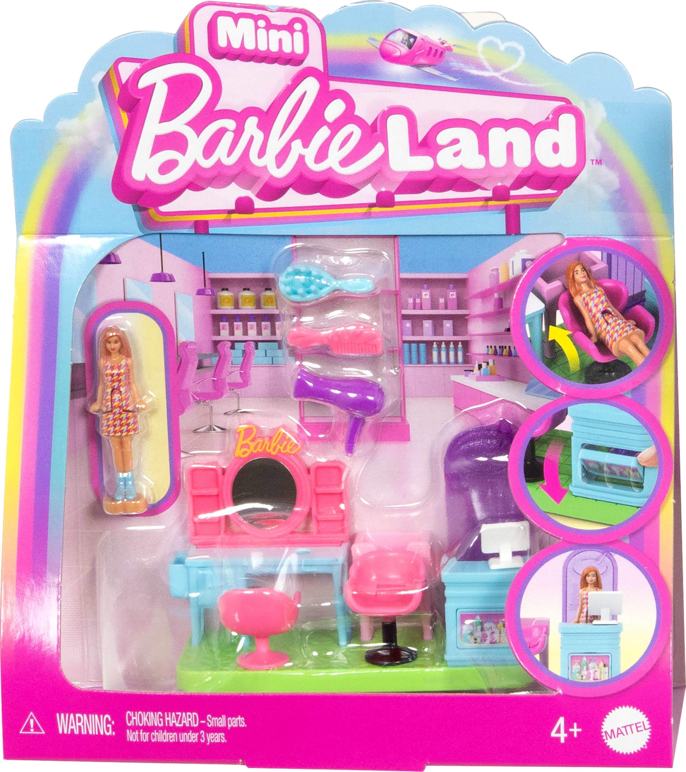 Mini BarbieLand Collectible Hair Salon Playset with 1.5-Inch Doll, Style Station with Mirror, Shampoo Area and Reception Desk for Storytelling Play