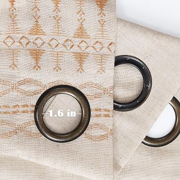 jinchan Boho Curtains Embroidered Linen Blend Window Curtains for Bedroom Geometry Grommet Bohemian Window Drapes Set for Living Room 63 Inches Long 2 Panels Gold on Beige