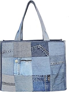 Upcycled Denim Patchwork Tote Bag for Women, Handmade Quilted Jean Purse, Large Vintage Top Handle Handbag