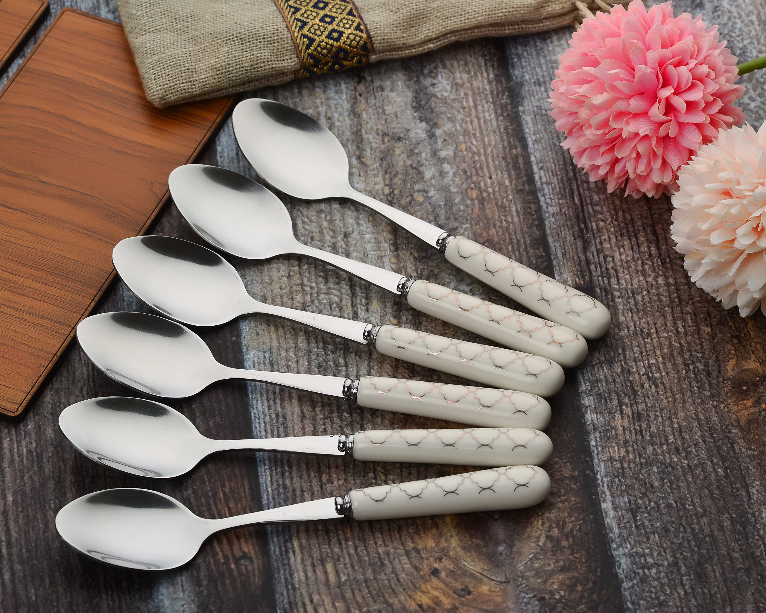 MGeezz Stainless Steel Spoons Set for Home Kitchen & Restaurant Cutlery Dinner Table Bouillon Spoon Oval Edge with Ceramic Handle Tableware Serving Spoons (Small Spoon Set of 6) 1