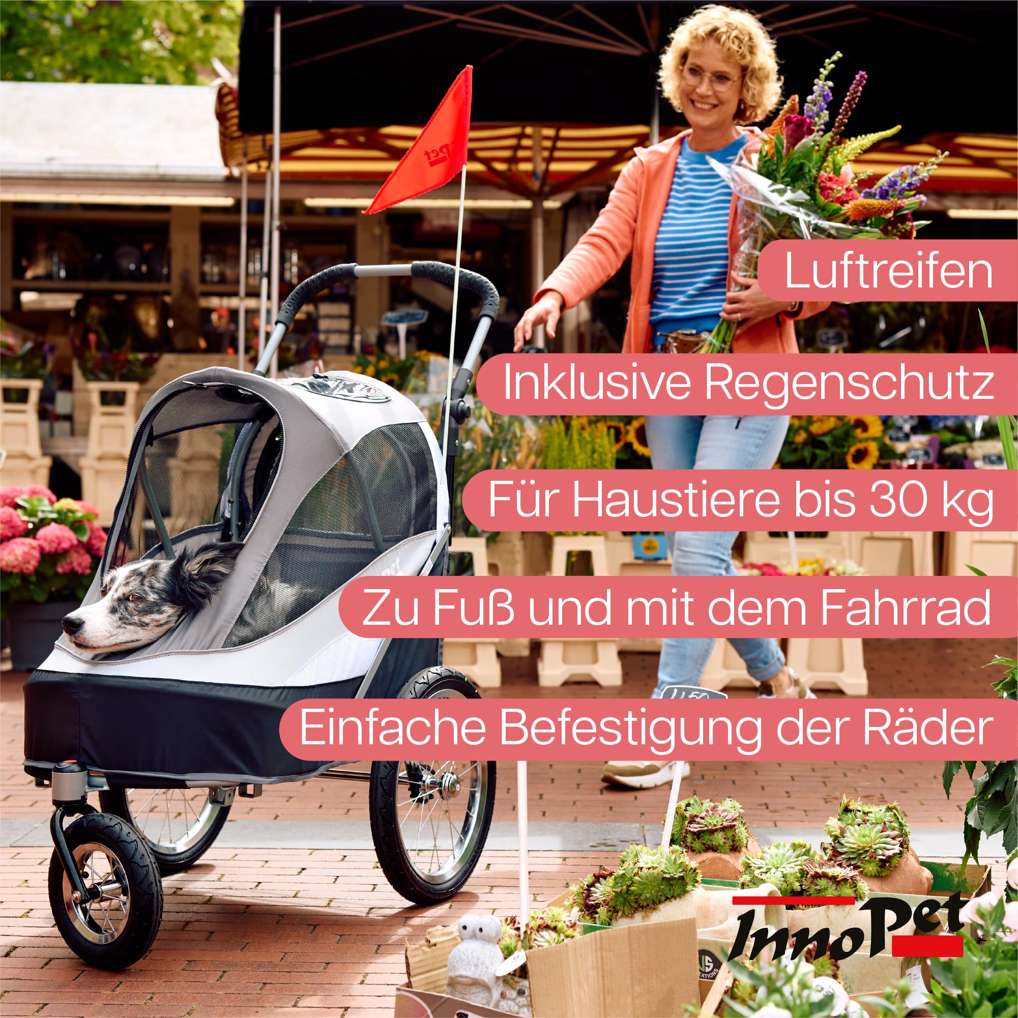 Hundeanhänger Fahrrad & Hundebuggy InnoPet Sporty Trailer Deluxe - 2 in 1 Fahrradanhänger für Hunde - Schwarz/Silber - mit Regenschutz, Deichsel & Fahrradkit, Faltbarer Hundewagen