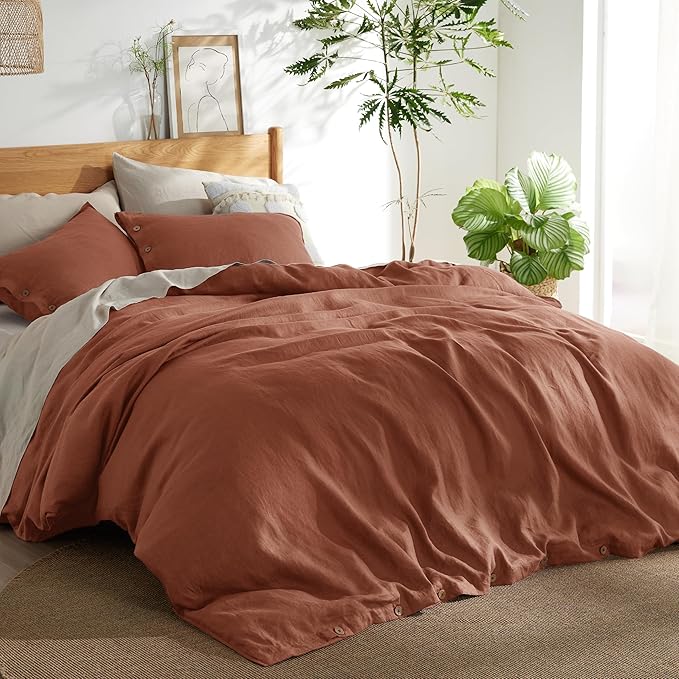 Bedsure Linen Duvet Cover Queen - Linen Cotton Blend Duvet Cover Set, Burnt Orange Linen Duvet Cover, 3 Pieces, 1 Duvet Cover 90x90 Inches and 2 Pillowcases, Comforter Sold Separately