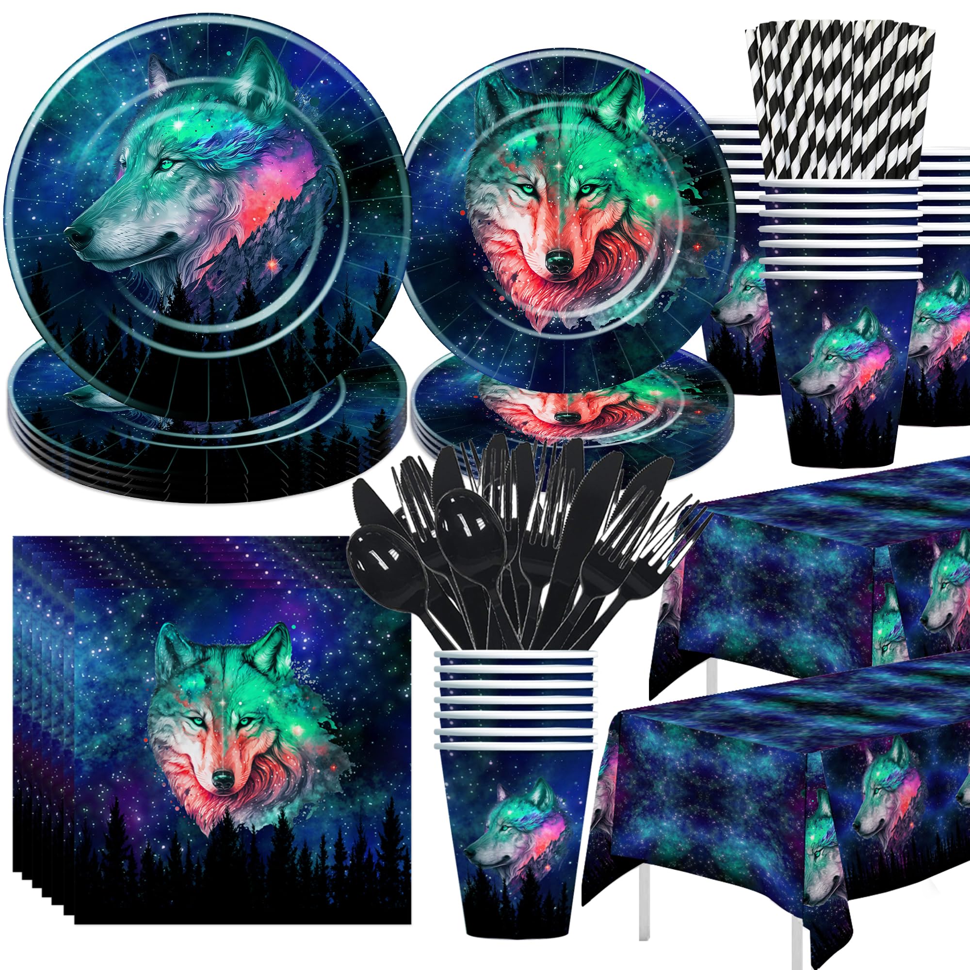 HIPVVILD Wolf Party Decorations Tableware - Wolf Birthday Party Supplies, Plate, Cup, Napkin, Tablecloth, Cutlery, Straw, Wild Animal Galaxy Wolf