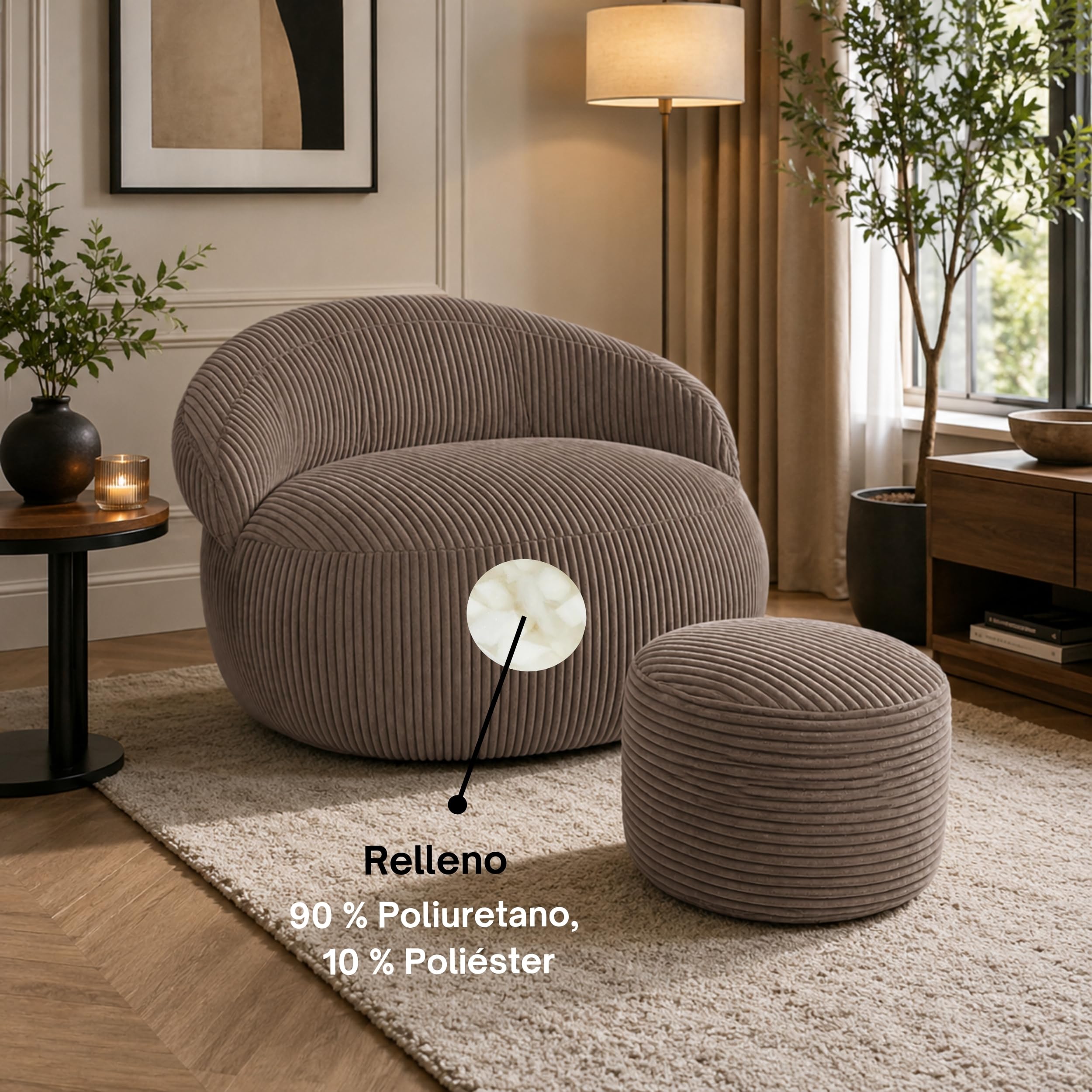 bananair – Puff Sillón para Salón y Dormitorio en Pana con Reposapiés - Puff Sillón XXL Suave - Funda Lavable - Ideal para Salón y Dormitorio, Adultos y Adolescentes (110 × 100 cm, Marrón)