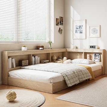 Miyemo Single Bed Frame, 3ft Storage Bed for Adults & Teenagers, Platform Bed with Storage Compartments and Slats, MDF+Plywood, 90 * 190cm, White Oak, (No Mattress)