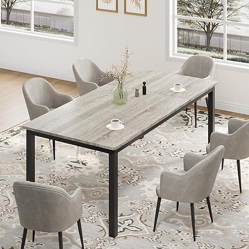 GarveeHome 70.8 in Industrial Dining Table for 6, Wooden Long Dinner Table with Mortise Tenon Design, Kitchen Table with Sturdy Metal Legs, for Dining Room Home Office Living Room, Grey