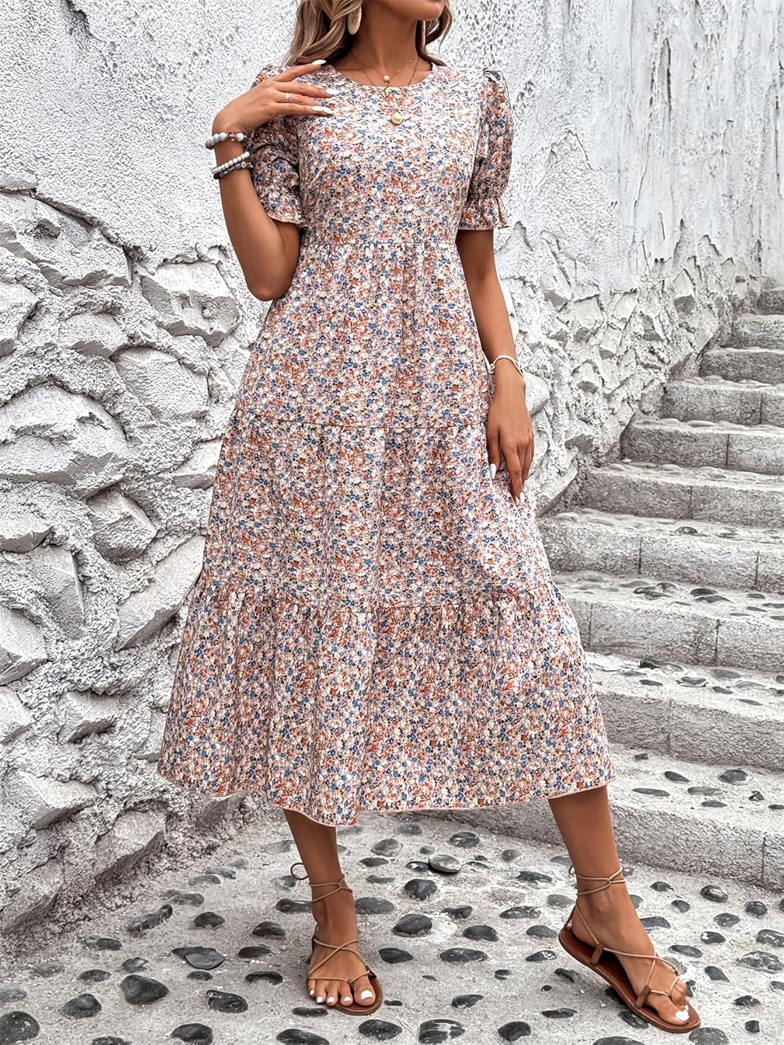 Women's Short Sleeve Maxi Dress Crew Neck Casual Beach Vacation Dress, Flowy Lightweight for Summer