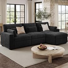 WorthFurni 113.4 Modular Sectional Sofa, L Shaped Oversized Extra Deep Couches for Living Room, 3-Seat Chenille Couch with Wooden Legs, Movable Ottoman, 2 Arm Pillows and 3 Lumbar Pillows, Black
