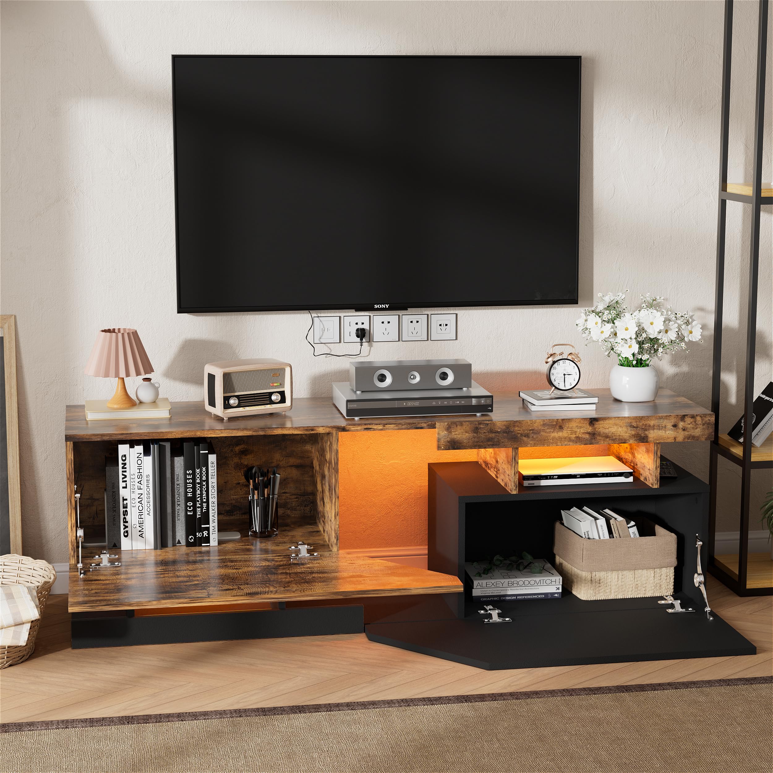 Mobile TV con Luci LED a 2 porte Mobile per TV Tavolino Basso Tavolino Porta TV fino a 65 Pollici Armadio Moderno per TV Mobile Porta TV per soggiorno, sala da pranzo, camera da letto 140cmX35cmX44cm