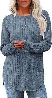 Long Sleeve Shirts for Women 2025 Fall Clothes Tunic Tops Loose Fit Dressy Crewneck Pullover Sweaters Curved Hem