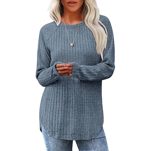 Saloogoe Long Sleeve Shirts for Women 2025 Fall Clothes Tunic Tops Loose Fit Dressy Crewneck Pullover Sweaters Curved Hem