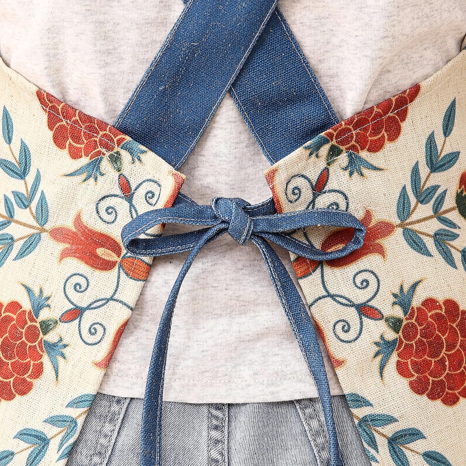 patdrea Blue Floral Linen Apron with Pocket,French Kitchen Garden Chef BBQ Aprons for Women and Men,Crisscross Back Straps