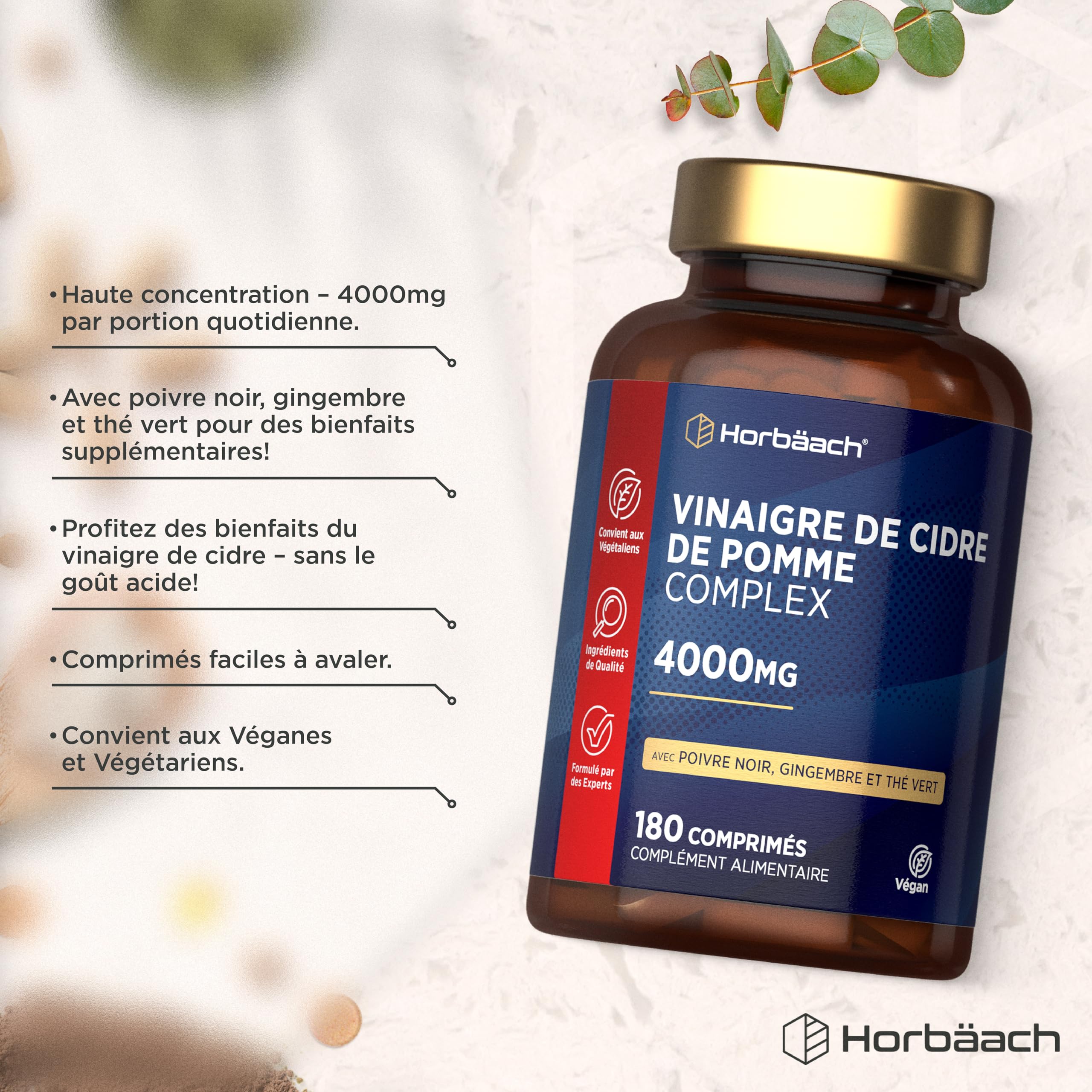 Vinaigre de Cidre 4000mg | 180 Gélules Vegan | Hautement dosé | Haute Dose de Vinaigre de Cidre de Pomme | Apple Cider Vinegar Tablets | Horbaach
