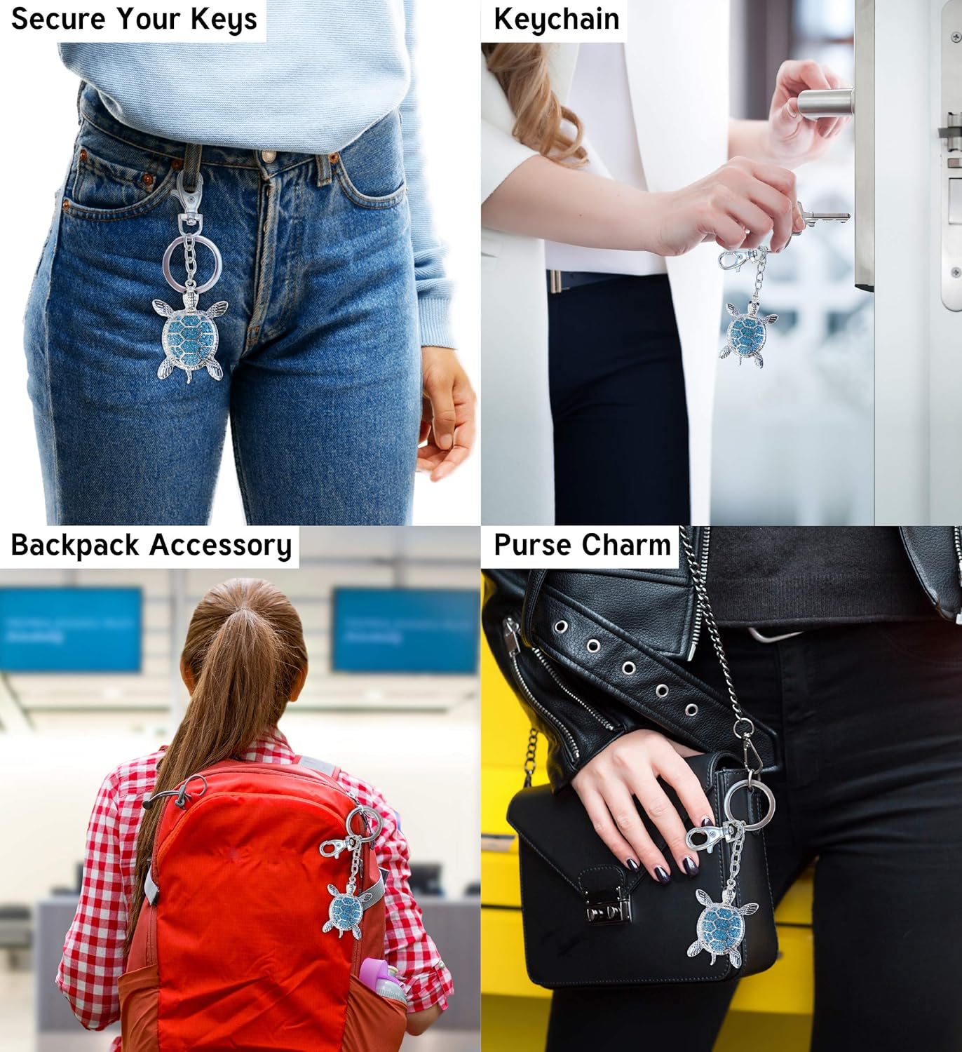 Aqua79 Blue Sea Turtle Keychain - Silver 3D Sparkling Charm Rhinestones Fashionable Stylish Metal Alloy Durable Key Ring Bling Crystal Jewelry Accessory with Clasp - Image 3