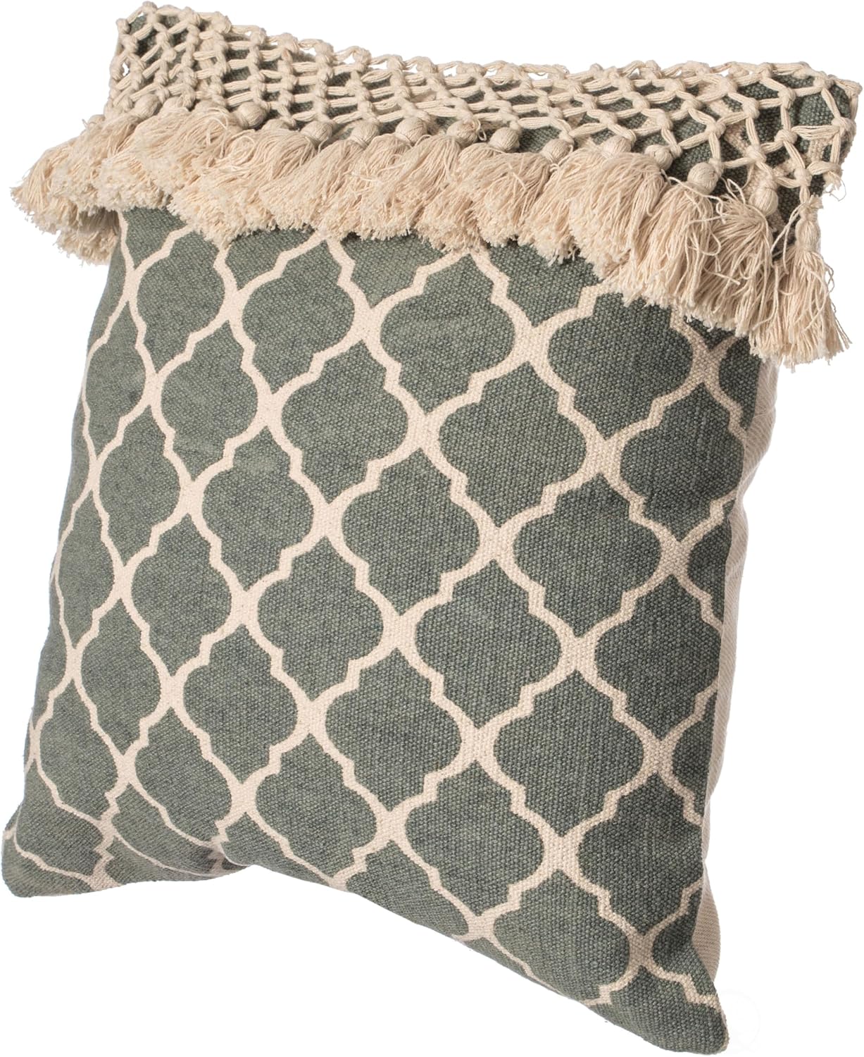Deerlux 16" Handwoven Cotton Throw Pillow Cover with Ogee Pattern and Tasseled Top, Green