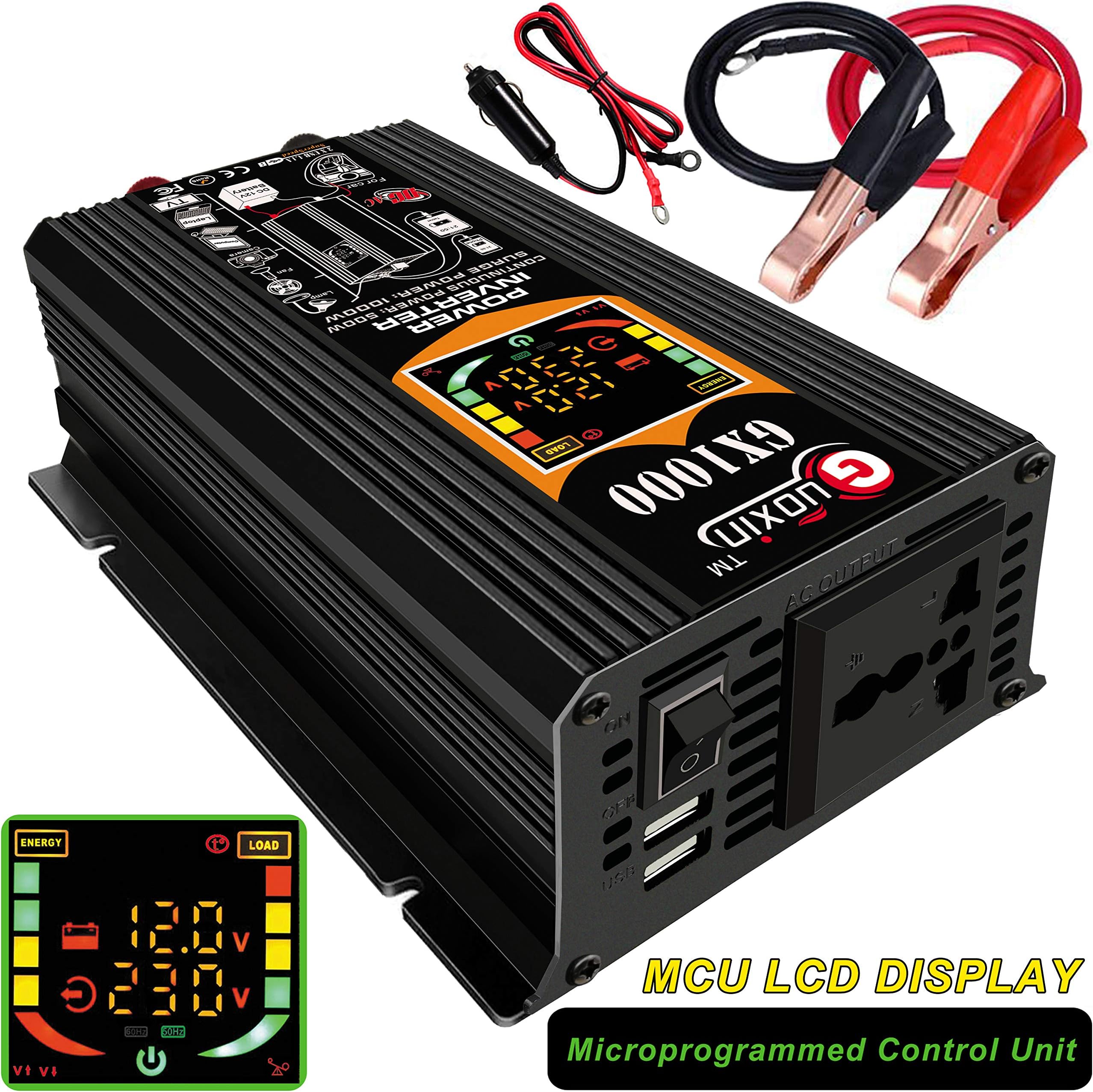 GUOXIN Power Inverter 12V to 240V 1000W Car Charger Transformer Converter Auto Adapter Power Supply with Dual USB Ports 4.1A LCD Display Cigarette Lighter for laptops phone tablets Camping Traveling