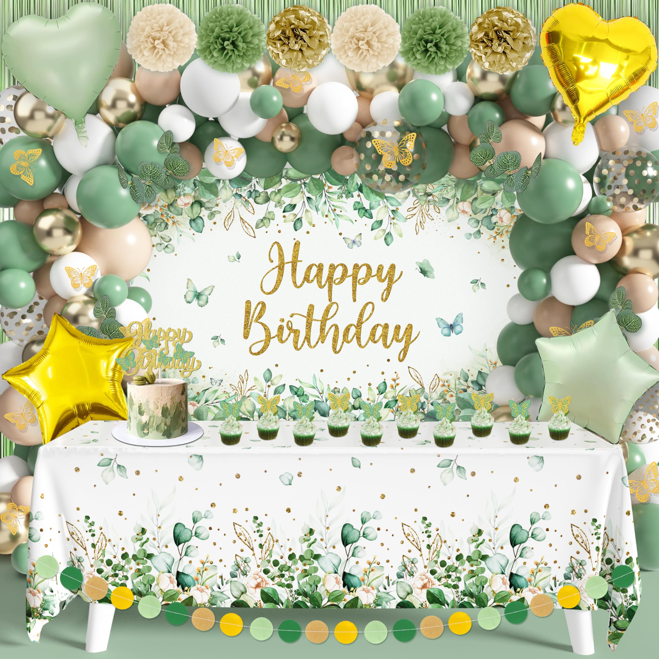 Sage Green Birthday Party Decoration Supplies for Boys Girls - Happy Birthday Backdrop, Tablecloth, Balloon Arch, Butterfly Stickers - Women Adult