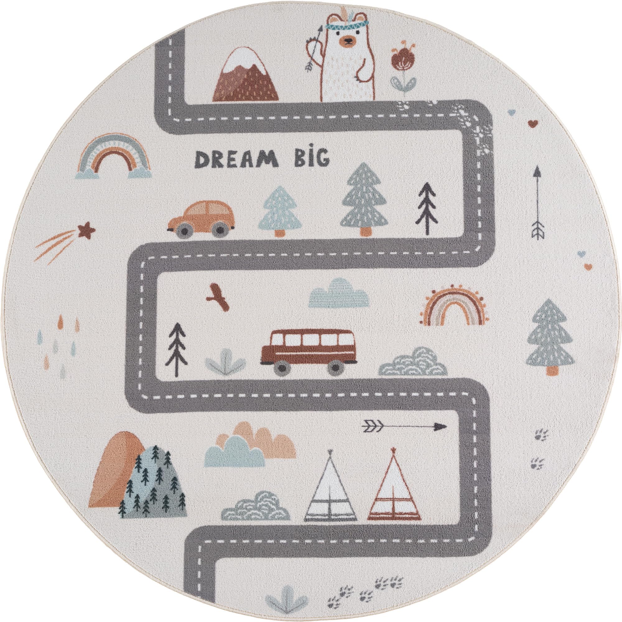 Carpetsale24 Tappeto per Bambini Strade Tappeto Gioco Rotondo 120 cm per Cameretta in Crema con Motivo Veicoli ideale per piccoli angoli gioco