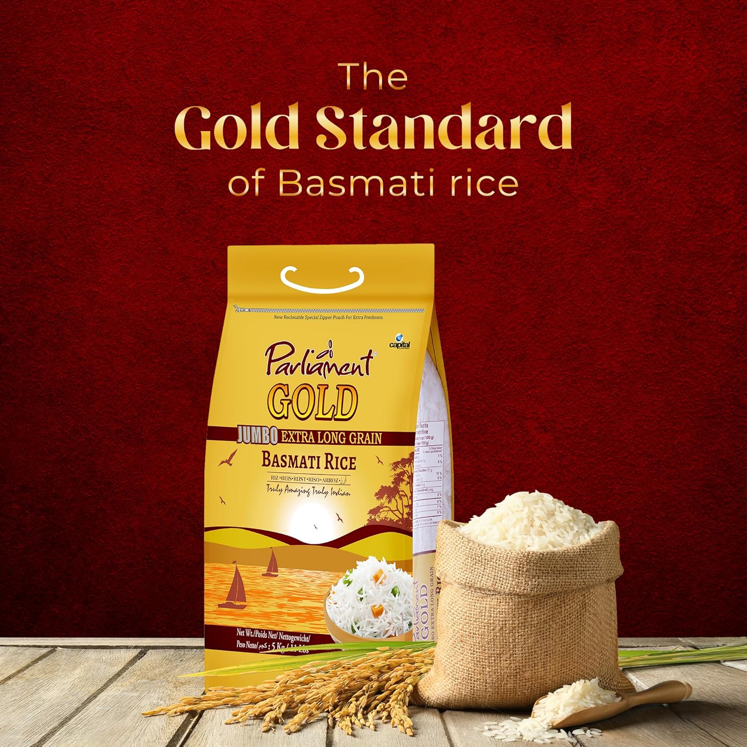 Parliament Gold Jumbo Extra Long Basmati Rice Beyond 8mm Indian Risotto All Natural Vegan Gluten Friendly NON-GMO Aged Perfection Luxurious Taste Product of India 10Lbs