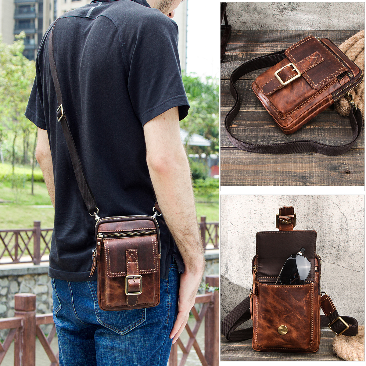 Borsa a tracolla da uomo, mini borsa a tracolla in pelle per cellulare, borsa a tracolla per uomo, borsa a tracolla per passaporto, Marrone