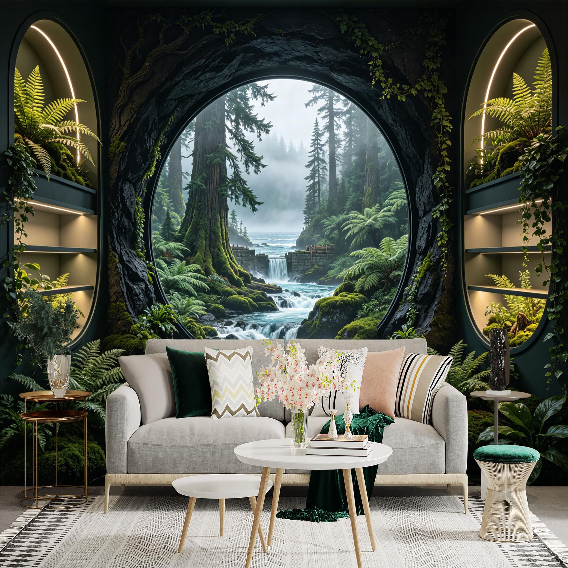 Custom Size Wall Sticker Mural， Enchanted Forest with Waterfall and River View Through Round Window， for wall Decoration， peelandstick wall Decals.