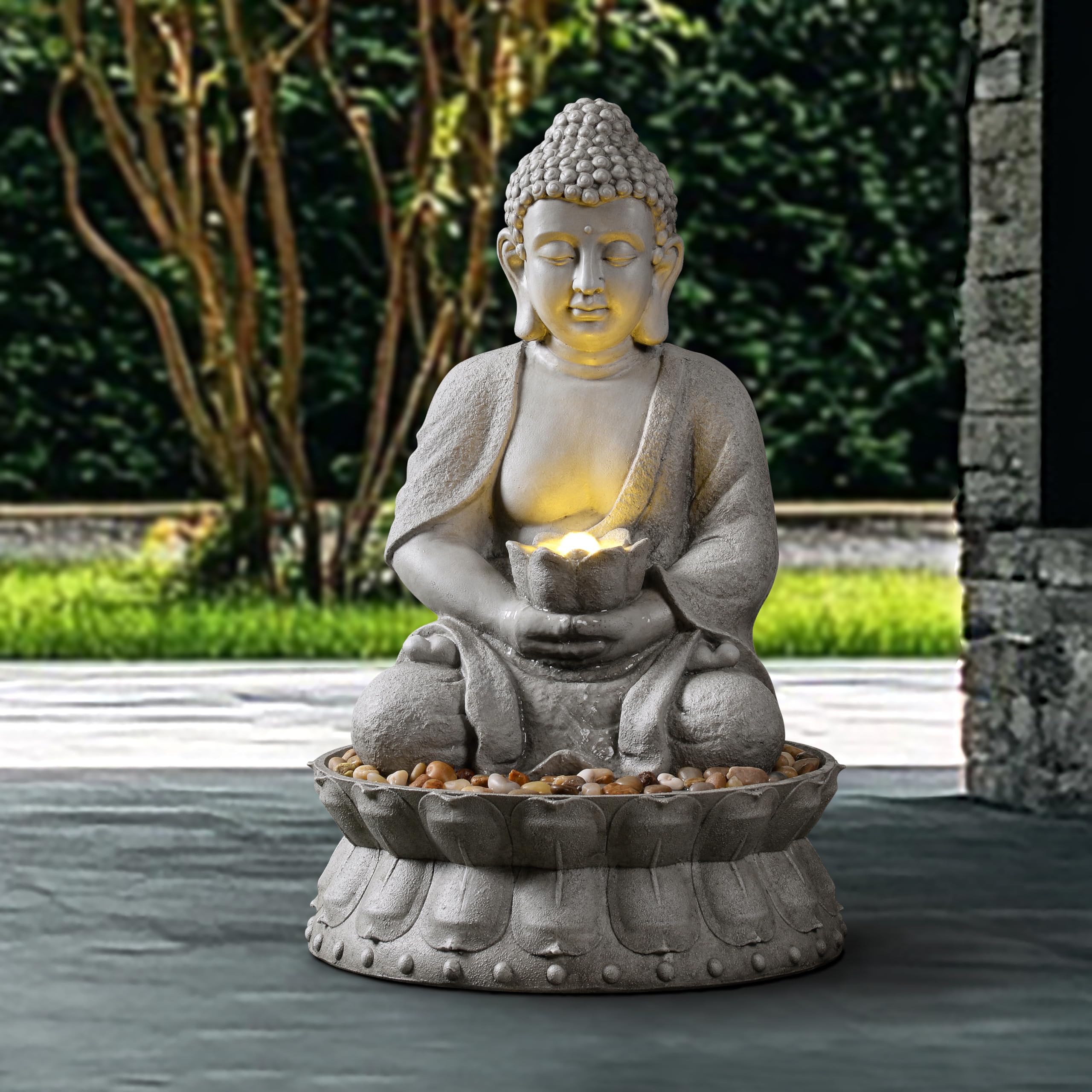 Fontaine à eau de Bouddha d'extérieur Zen avec lumière LED pour jardin, décoration d'intérieur, statue de Bouddha relaxante avec base lotus, pour femme