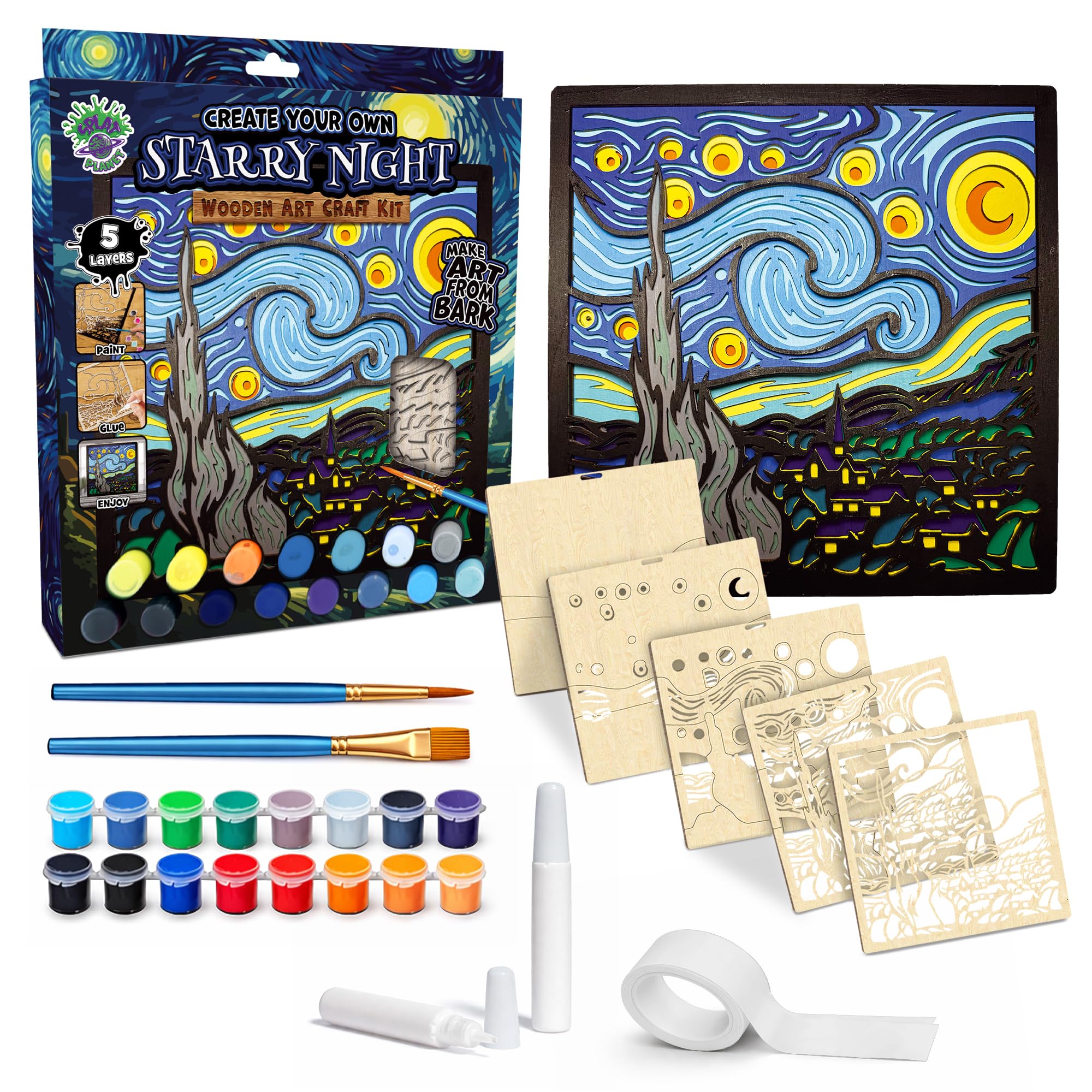 Starry Night 3D Wooden Art Kit – Paint Your Own 3D Layered Wood Wall Art for Kids & Adults, DIY 3D Art Starry Night Wood Painting Kit Wooden Art and Craft Gift Set, 25 x 25cm (10 x 10 inches)