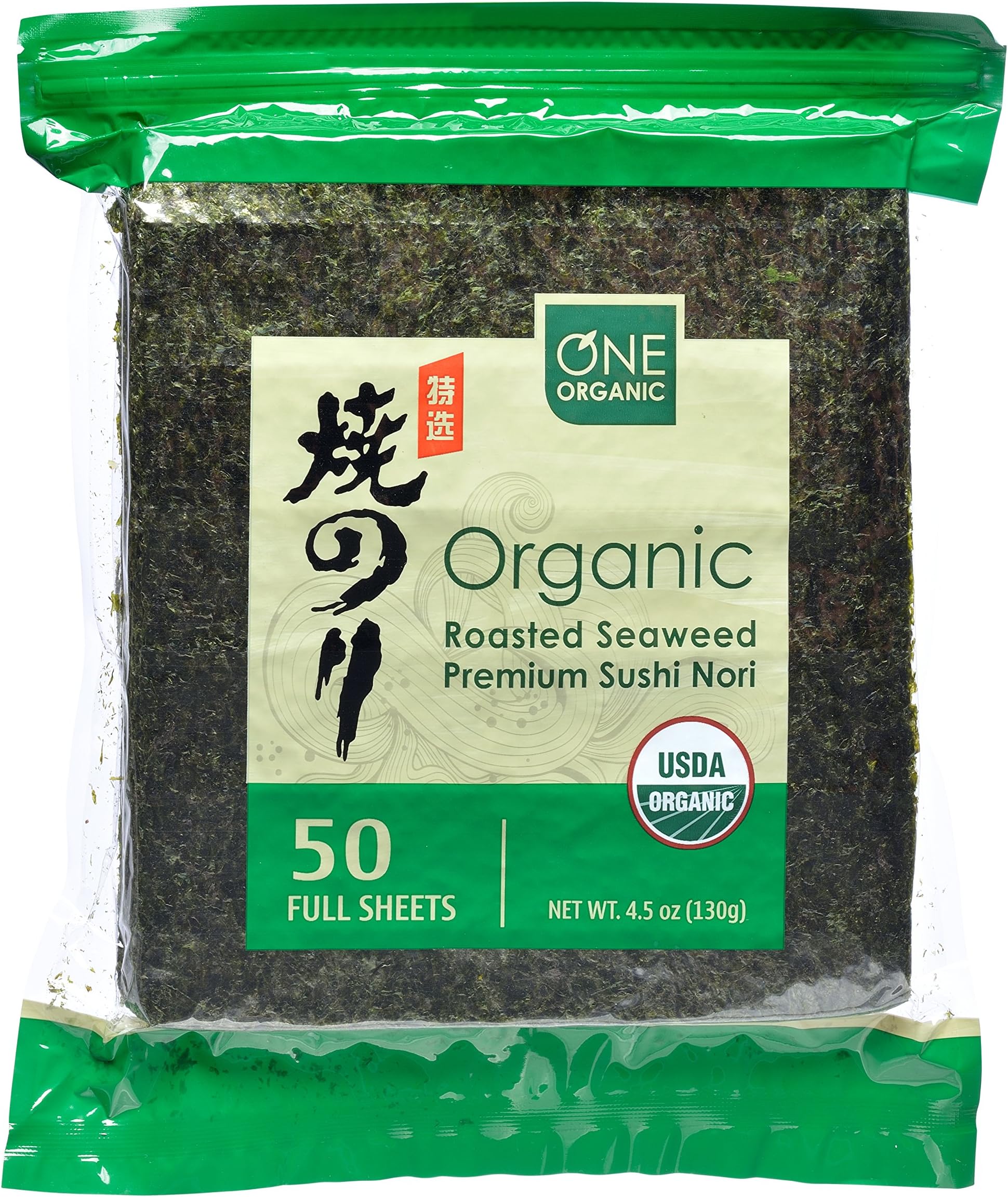ONE ORGANIC Sushi Nori Premium Roasted Organic Seaweed (50 Full Sheets)